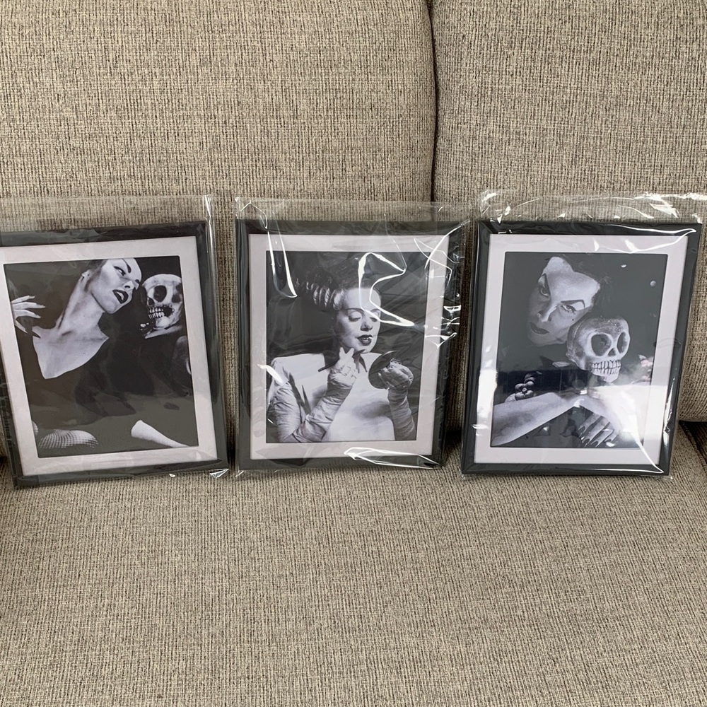 3 Black & White Halloween Art Print Set Vampira w skull, Bride of Frankenstein - Picture 2 of 16